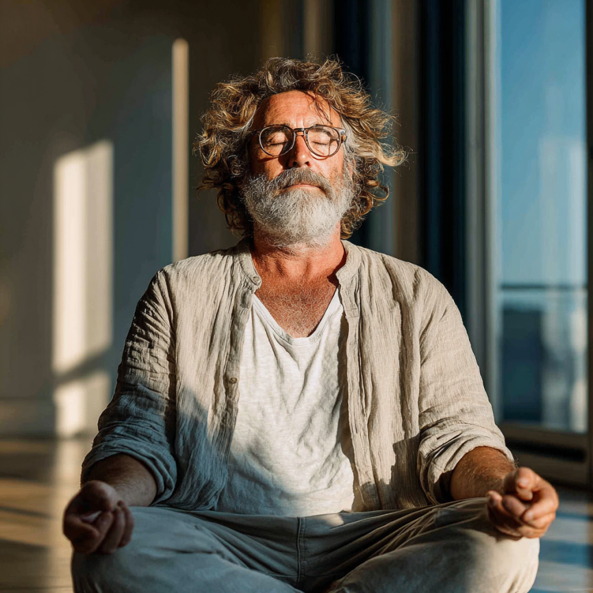 Літня жінка займається йогою на природі