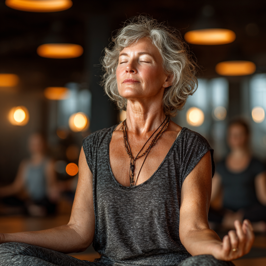 Група літніх людей на заняттях йоги