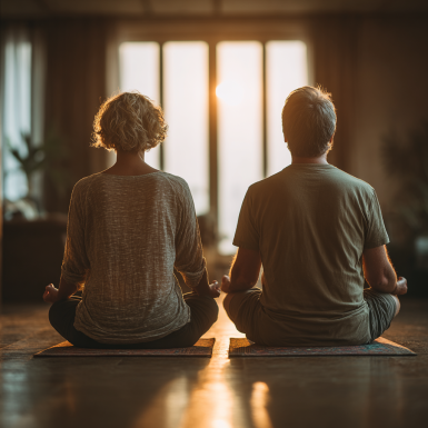 Літній чоловік у позі йоги на пляжі